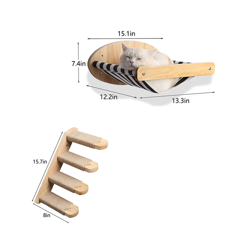 3Pcs Cat Hammock with Four Step Sisal Stairways or Scratching Posts Set Wall Mounted Wooden Cats Furniture Climbing Shelf Perch